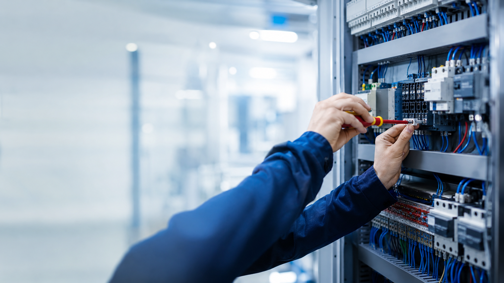 Tecnico al lavoro su quadro elettrico industriale