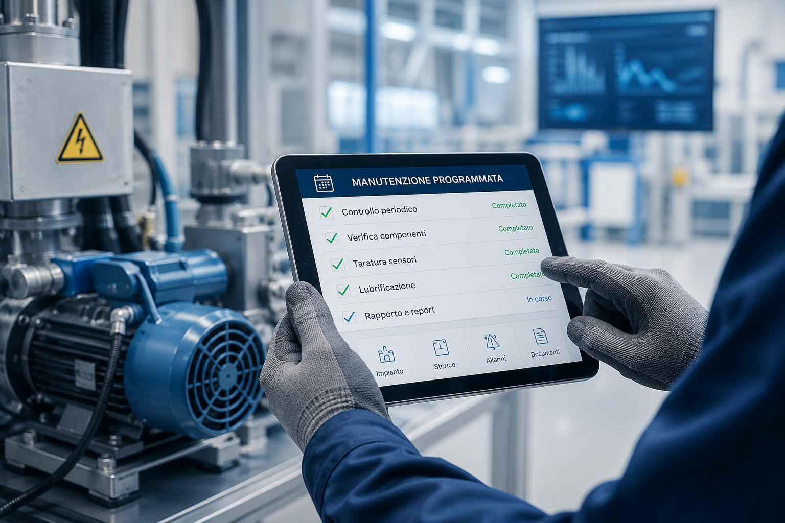Tecnico con tablet per controllo e manutenzione programmata di impianto industriale