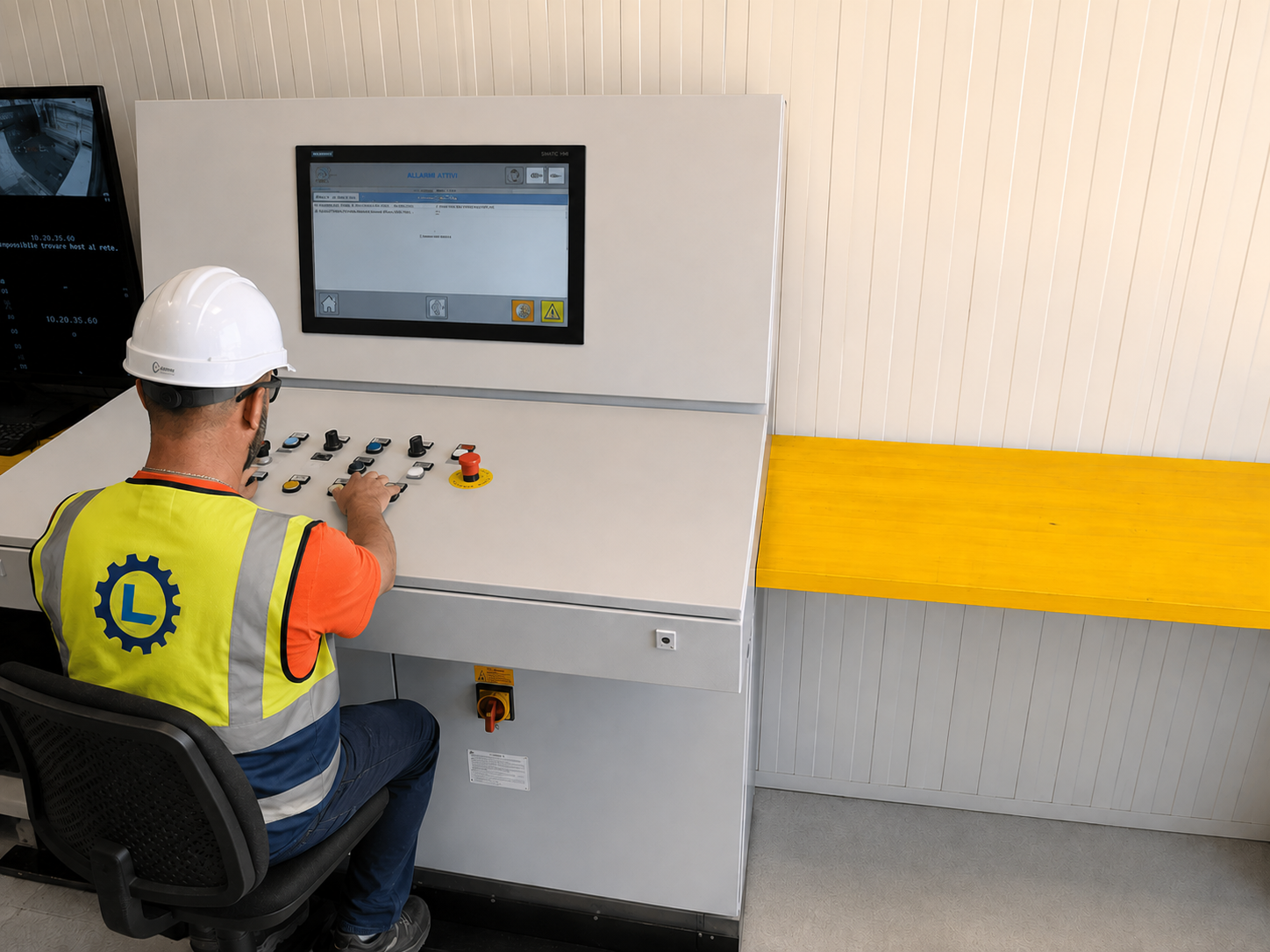 Tecnico al quadro di comando per montaggi e assistenza elettrica su impianto industriale