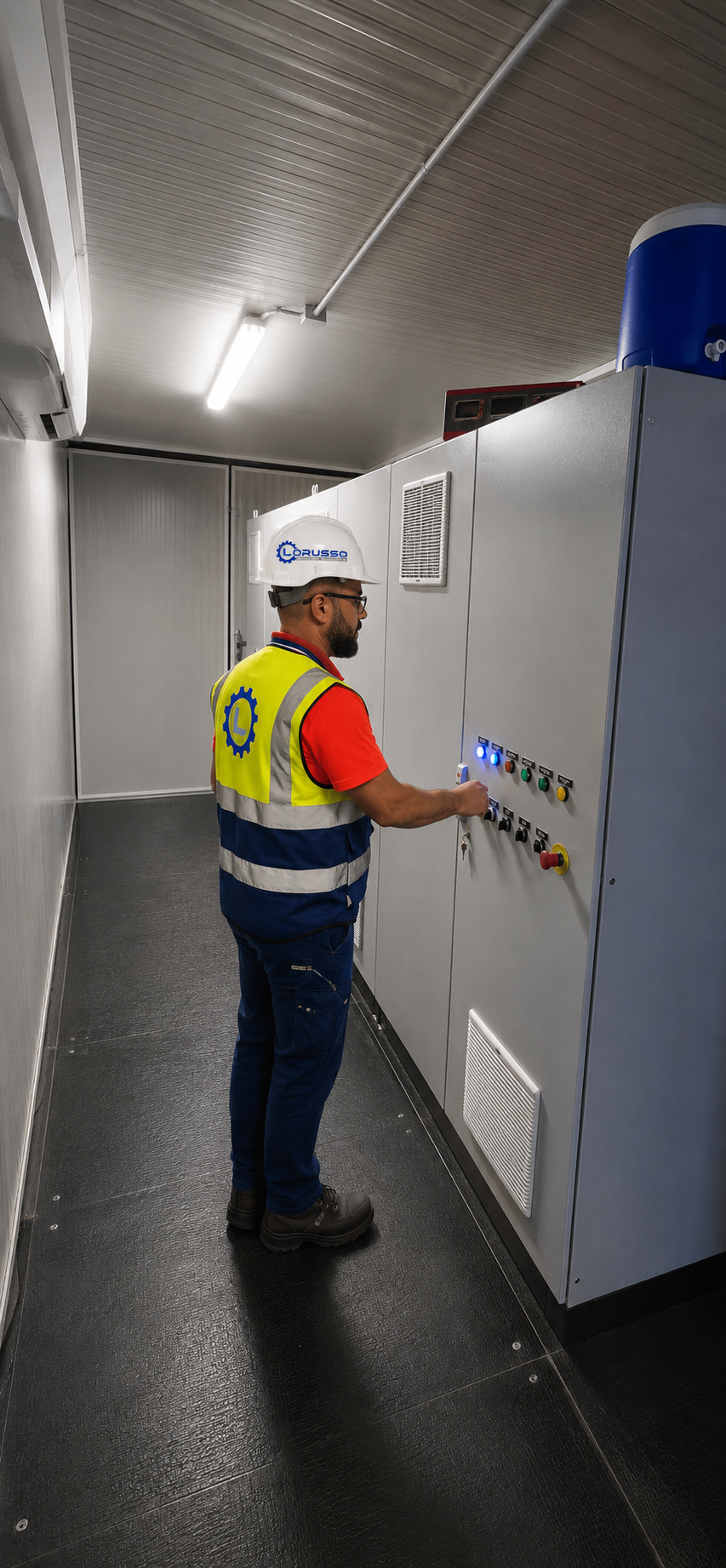 Operatore con casco e pettorina durante verifica su quadro elettrico industriale