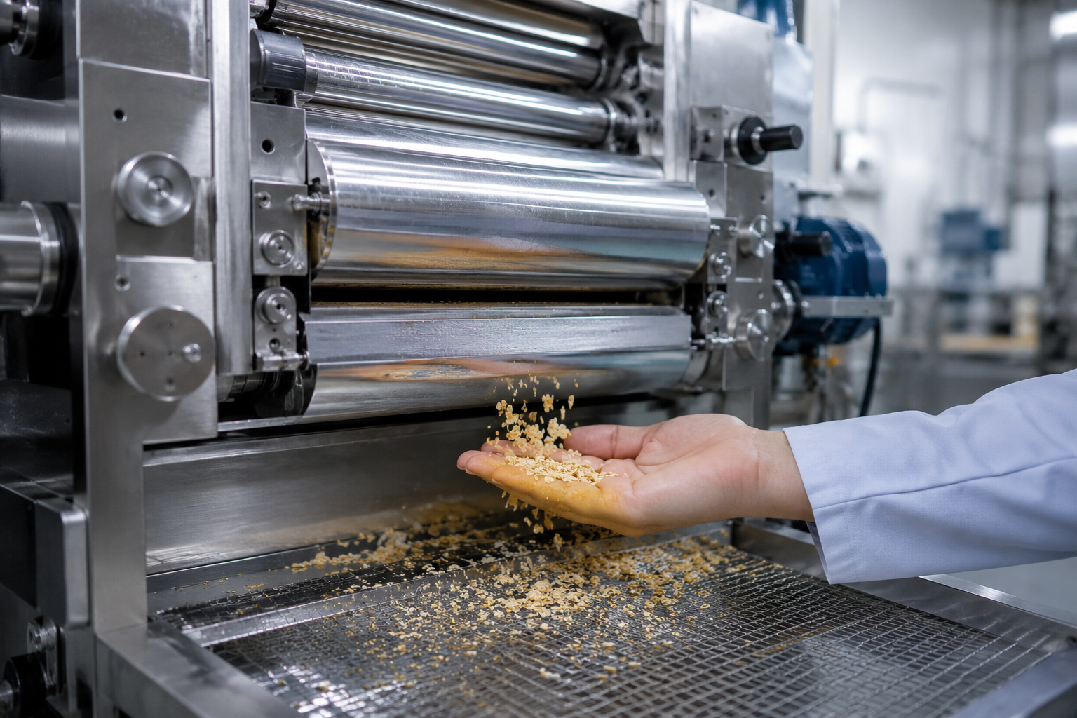 Impianto agroalimentare con prodotto in lavorazione su macchinario industriale
