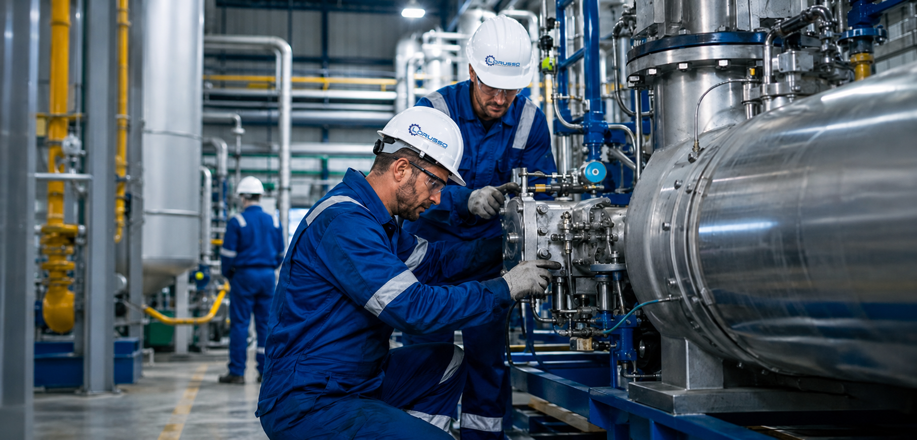 Tecnici al lavoro su impianto chimico e petrolchimico con tubazioni industriali