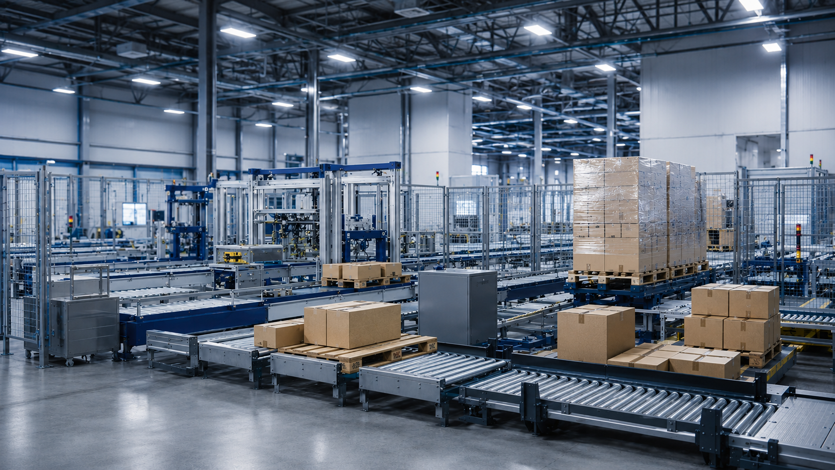 Linea automatizzata di logistica con rulliere, pallet e sistemi di movimentazione