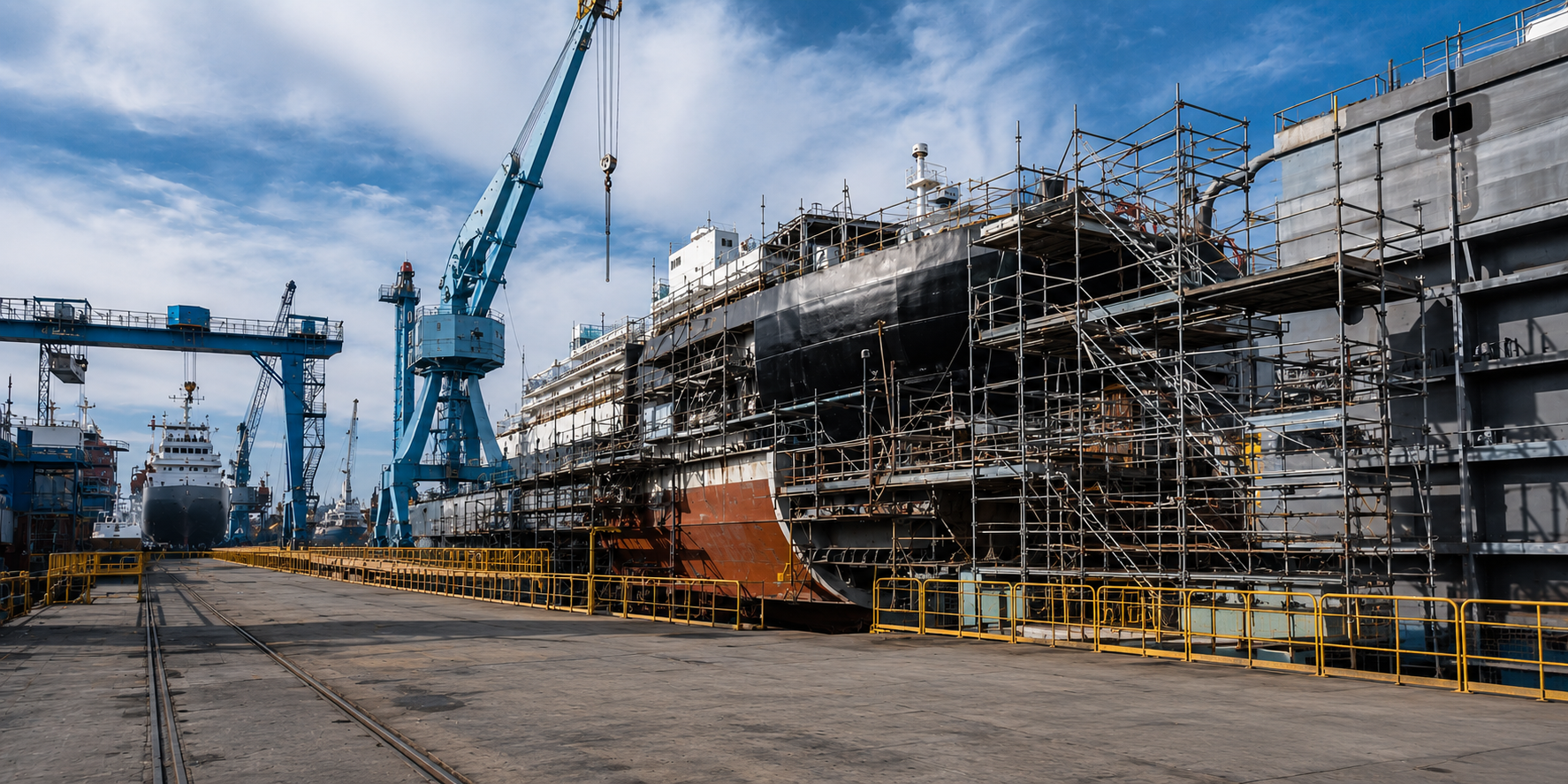 Cantiere navale con nave in manutenzione, gru e ponteggi portuali